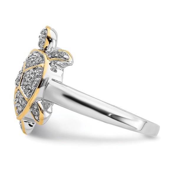 925 Sterling Silver Rhodium-plated CZ and Flash Gold-Plated Turtle Ring, Size 8 - Picture 4 of 6